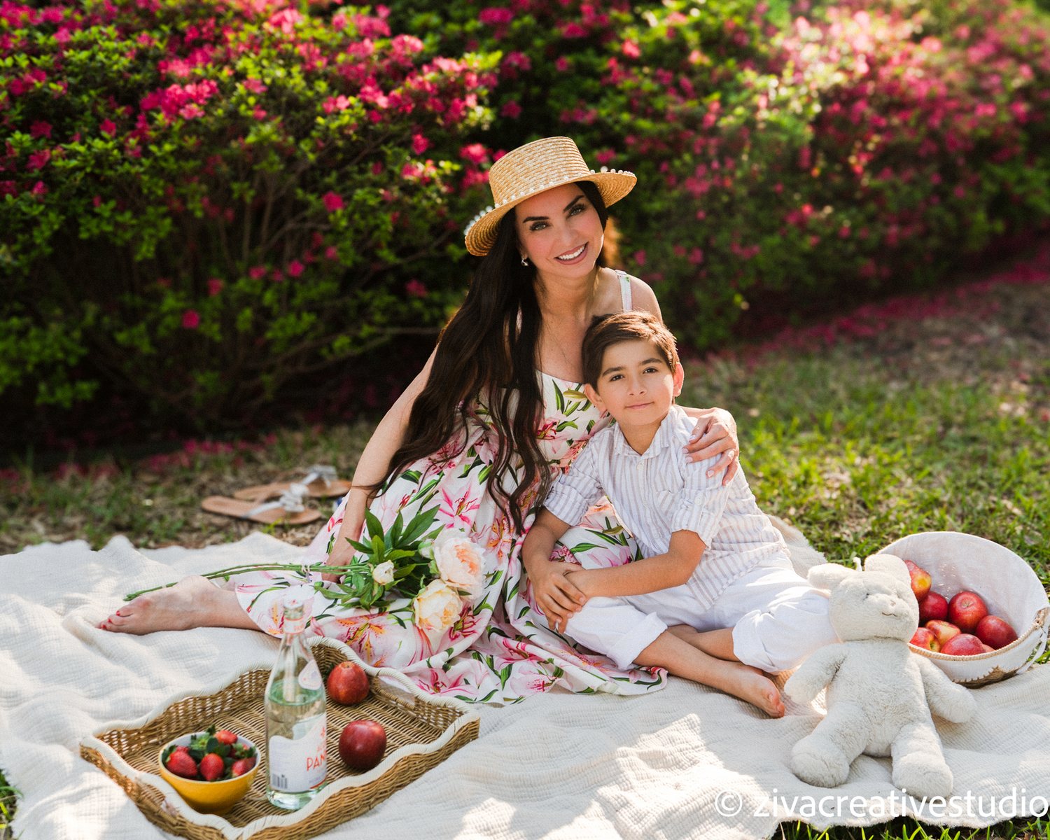 Family picnic photo, mother and son